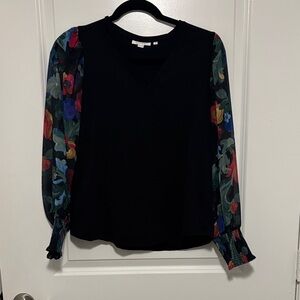 Chico's Black Blouse with Vibrant Floral Sleeves